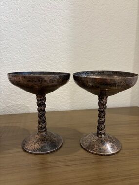 Vintage Pair of Decorative Goblet Compotes - Antiqued Copper Tone